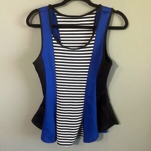 Mary Jane Preppy Striped Bold ColorBlock Sleeveless Peplum Top, Size Large